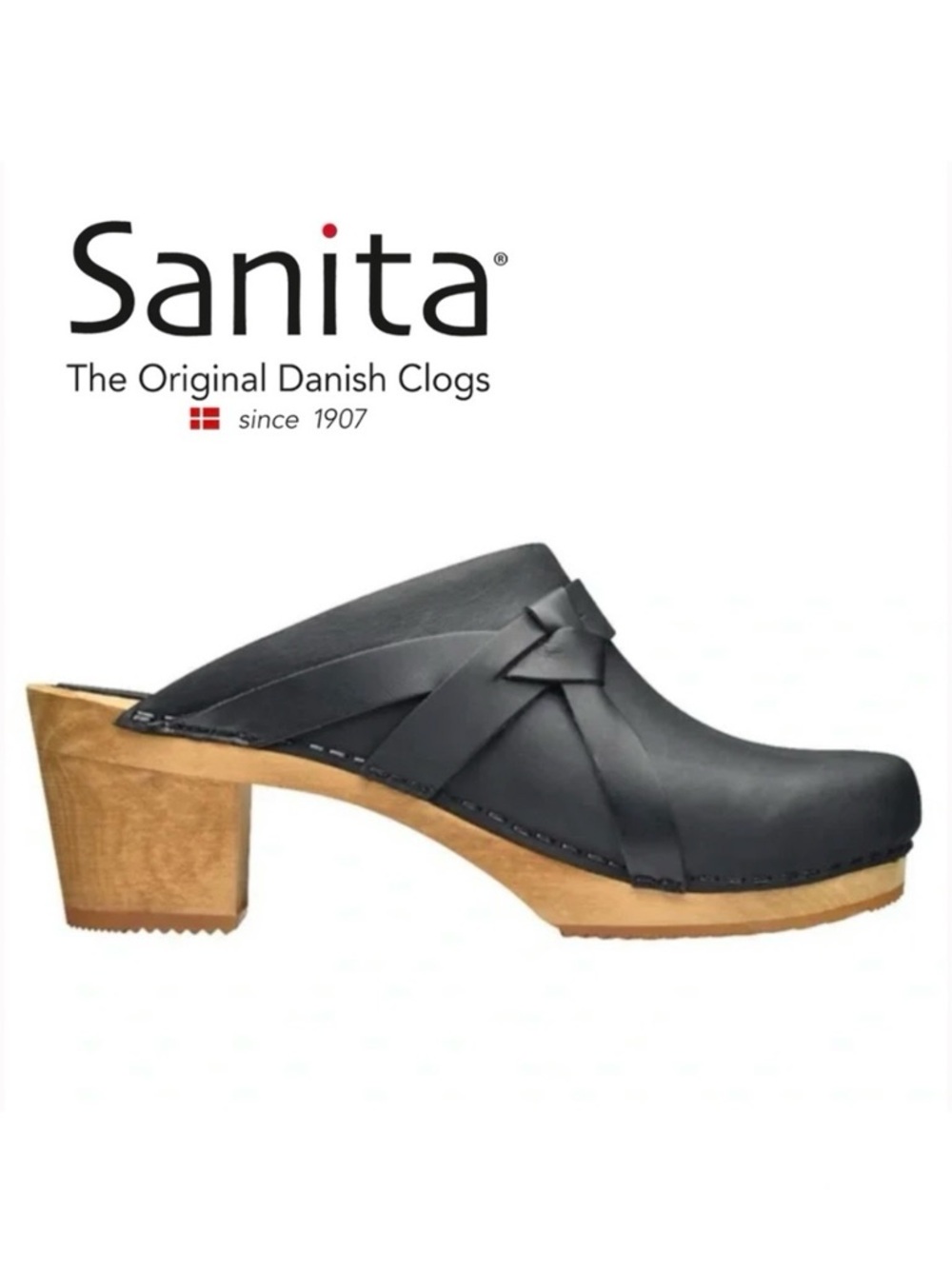 Sanita Manuella Open Back Heeled Black Leather Clog